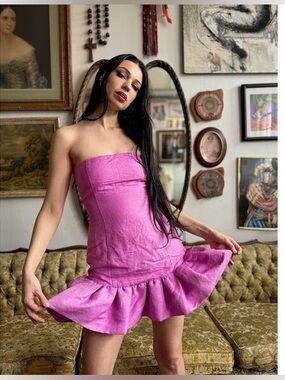 BHLDN BOSKEMPER Strapless Pink Ruffle-Hem Mini LINEN  Dress xs